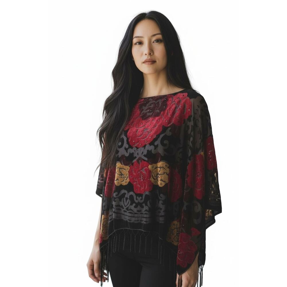 Coldwater Creek Burnout Velvet Floral Poncho Black Red  OS